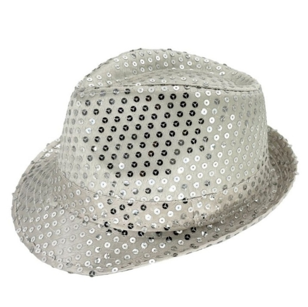 GROOVY GLAM Silver Sequins on White Fedora Unisex Party Hat - Picture 2 of 7